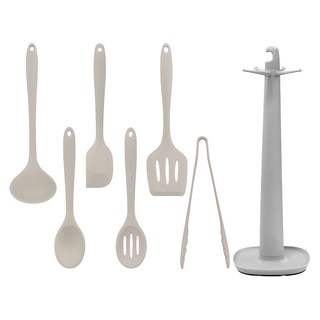 Nature Living Relive 矽膠炊具 7 件套, 摩卡灰, 漏杓+夾子+小湯杓+漏鏟+刮刀+深湯杓+收納架, 1組