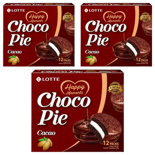 LOTTE 樂天 黑巧克力派, 濃郁巧克力包裹柔軟蛋糕，夾心棉花糖，韓國樂天經典銷售超過20年的美味蛋糕派, 336g, 3盒