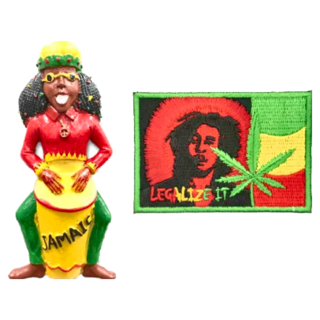A-ONE 匯旺 牙買加打鼓黑人旅遊磁鐵 + 巴布·馬利 雷鬼歌手背膠補丁 2件組, 磁鐵:4.5 x 10cm ..., 牙買加打鼓黑人旅遊 + 巴布·馬利 雷鬼歌手, 磁鐵:4.5 x 10cm，布藝徽章:3 x 2inches
