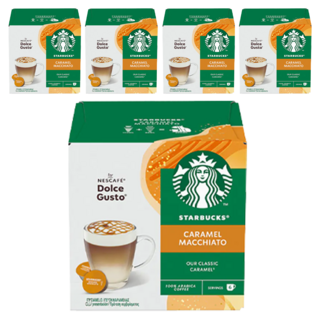 STARBUCKS 星巴克 NESCAFE 雀巢咖啡 Dolce Gusto 多趣酷思 焦糖瑪奇朵咖啡膠囊 咖啡膠囊5.5g 6顆 + 牛奶膠囊15.8g 6顆, 5盒, 21.3g, 12顆