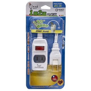 spirit 電精靈 1開2插延長線 15A/125V/1650W 2P 180度轉向式插頭, 1.8m, 白色, 1條