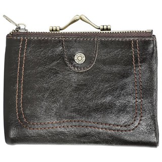 真皮頭層牛皮翻頁卡位女士皮夾口金包短夾 RFID防盜刷, 9.5 x 12.5 x 3cm, 咖啡色