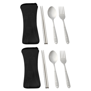 不鏽鋼餐具4件組 CHN331, 筷子 + 湯匙 + 叉子 + 收納袋, 顏色隨機, 2套