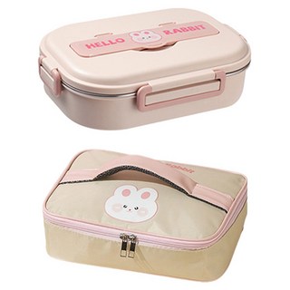 Mega 五格便當盒 304不鏽鋼+PP 約28x20x7.5公分, 粉色小兔, 1組