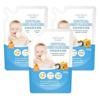 YOrSUn 悠森兒 奶瓶蔬果洗潔精補充包 橘油萃取 快速溶解奶垢 去除異味 溫和pH5.5配方, 600g, 3包