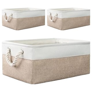 妃妃嚴選 加厚亞麻收納籃 聚酯纖維+EVA, 中 37 x 26 x 7cm, 白色 + 米色, 3個