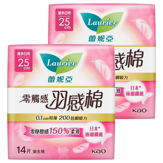 Laurier 蕾妮亞 台灣公司貨 零觸感特薄 0.1cm 羽感棉 衛生棉 量多日用加長型, 25cm, 14片, 2包