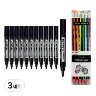 Dong-A 油性麥克筆 12支 + Tukovi 三角橡皮擦鉛筆 SG-208 12支 組合, 黑色(油性麥克筆), 混合色(橡皮擦鉛筆), 3套