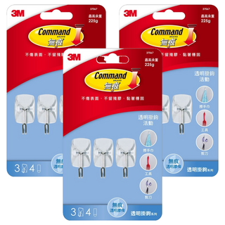 3M Command 無痕 活動掛鉤 37067 3個, 透明色, 2組