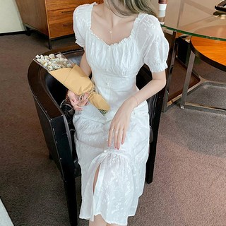 LUNAGIRL 女款Aris單排扣荷葉邊蕾絲公主袖法式連身裙, 白色的