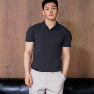 핵쿨남 남성용 어깨 넓어보이는 머슬핏 오픈 카라 반팔 티셔츠