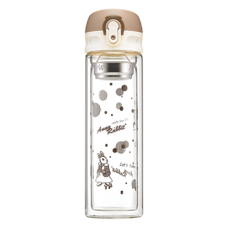 Anny Rabbit 安妮兔 雙層彈蓋玻璃瓶 附濾網 300ml 耐熱高硼矽玻璃, 透明色 + 米色 + 棕色, 1個