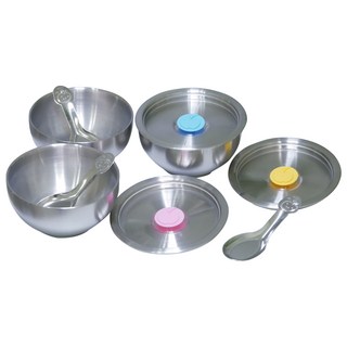 愛寶 316全不鏽鋼矽膠防漏水碗組 3碗3蓋3湯匙 一體成形 雙層隔熱, 蓋子 + 碗身 + 湯匙, 1組