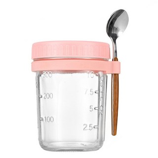 提手蓋 玻璃早餐燕麥杯 附湯匙 粉色 350ml, 1個
