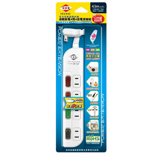 WeiTien 威電 過載斷電4開4座電源線組 125VAC 15A MAX 180°任意轉插頭, 4.5m, 白色, 1個