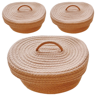 手工編織橢圓收納籃 附蓋 棉繩材質, 25 x 17 x 10cm, 3個, 原木色