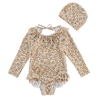 愛北鼻 INS女童泳衣,小橘子 長袖圓領連體泳衣+泳帽,90碼 建議80-90cm,1入