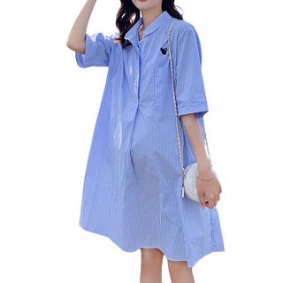 口袋襯衫5分袖孕婦連身裙, XL, 藍色