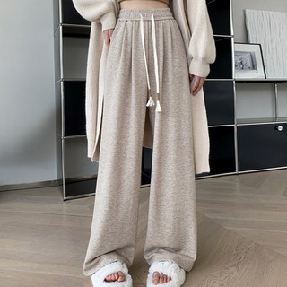 薄款慵懶抽繩垂墜直筒休閒褲, 顯腿長舒適女裝長褲, 腰寬27cm 臀寬50cm 大腿寬25cm 褲腳寬24cm 全長95cm, 卡其, 1件