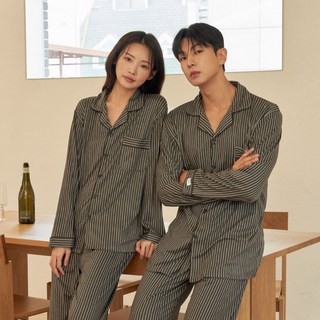 DOSSY 情侶款蜜桃絨條紋襯衫領長袖長褲睡衣套裝 D-9903