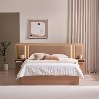 삼익가구 브라이티 엠비언트 LED조명 프리미엄 가죽헤드 수납 호텔 침대 프레임 + 협탁2p + 7존 독립 매트리스 세트 방문설치, 베이지+오크(프레임,협탁), 그레이(매트리스)