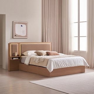 삼익가구 브라이티 엠비언트 LED조명 프리미엄 가죽헤드 수납 호텔 침대 프레임 + 협탁 + 본넬 매트리스 세트 방문설치, 베이지+오크(프레임,협탁), 화이트(매트리스)