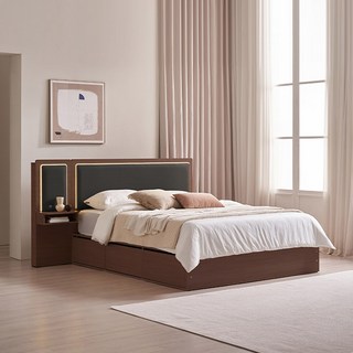 삼익가구 브라이티 엠비언트 LED조명 프리미엄 가죽헤드 수납 호텔 침대 프레임 + 협탁 + 본넬 매트리스 세트 방문설치, 그레이+브라운(프레임,협탁), 화이트(매트리스)