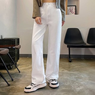 高腰素面直筒牛仔寬褲, L, 白色