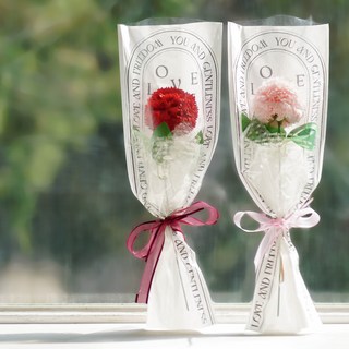 아스파시아 비누꽃 클레오 퐁퐁 카네이션 한 송이 꽃다발 2종 + 메세지픽 2p + 쇼핑백 2p 세트, 레드 + 핑크, 1개