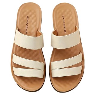 真皮牛皮女士軟底室外涼拖鞋 35 LS36, 225mm, 米色, 1雙