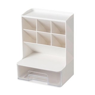 斜插式筆筒置物架筆筒6格 + 抽屜1個 23.5 x 18 x 13.5cm, 白色, 1個