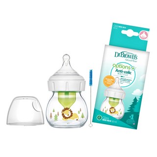 닥터브라운 라이온 데코 와이드넥 유리젖병 60ml, P단계(프리미, 신생아용), 화이트 + 그린, 1개