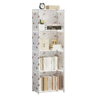 網美組合 簡易組裝書櫃架 PP加厚塑料件 12mm加粗鍍鋅鋼管, 125 x 41 x 28cm, 白熊, 5層