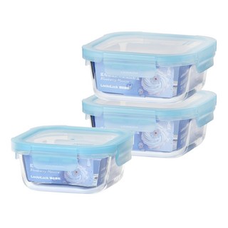LocknLock 樂扣樂扣 GLASS 耐熱玻璃保鮮盒 藍莓慕斯 Set 冷凍 烤箱 氣炸鍋皆適用, 1組, 3個容器 + 3個蓋子