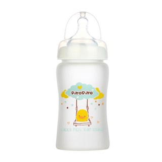 PiYOPiYO 黃色小鴨 矽膠寬口玻璃奶瓶, 減少摔碎碎玻璃飛濺, 曲線型設計好拿不滑溜, 搭配奶嘴符合寶寶嘴型, 白色, 180ml, 1個