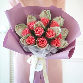 BeautifulDecoSense 香皂鈔票花朵 10入+購物袋組, 粉色