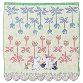 MOOMIN 嚕嚕米 日本丸真 無撚刺繡 洗臉巾 100%純棉 貼花, 花朵叢林 米色, 1條
