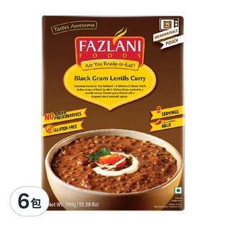 FAZLANI 黑扁豆咖喱風味即食包, 無麩質, 無添加防腐劑, 300g, 6包