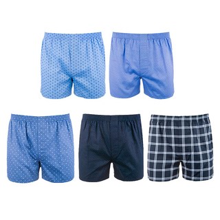 BASE ALPHA ESSENTIALS 男款棉質寬鬆四角褲5件組, S, 深藍印花款 + 深藍格紋款 + 藍色點點款 + 藍色印花款 + 淺藍菱格款