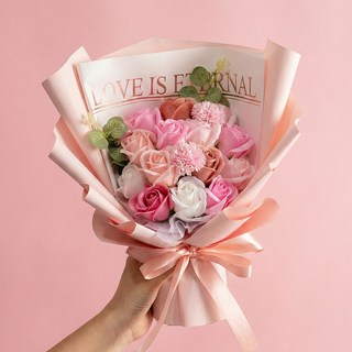 코멧 로맨틱 블룸 비누꽃 꽃다발 + 쇼핑백 세트, 핑크, 1개