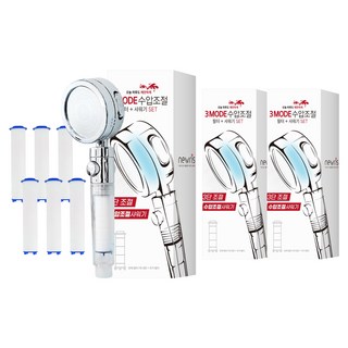 뉴리스 수압 3단계 조절 온오프 정수 필터 샤워기 헤드 + 필터 6개, 3개