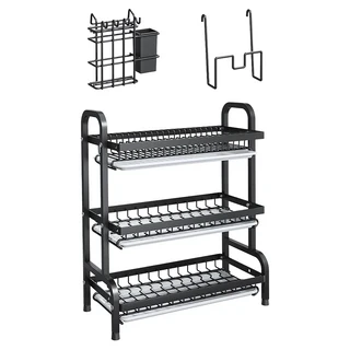 德利生活 多功能碗碟收納置物架 廚房碗盤瀝水架 精選碳鋼材質 無塵烤漆 安全防鏽, 3層, 黑色, 1組