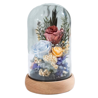 永生花 玫瑰，櫸木底座 高硼矽高透玻璃罩 LED燈，直徑13cm X 高20cm, 款式二 粉藍色, 1個