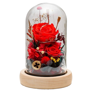 永生花 永生花燈, 教師節禮物 情人節禮物, 附黑色禮盒及黑色手提紙袋, 小夜燈 居家裝飾, 直徑13cm X 高20cm, 紅色