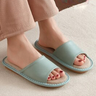 真皮頭層牛皮配亞麻防滑室內拖鞋 LS38, 淺綠色, 1雙