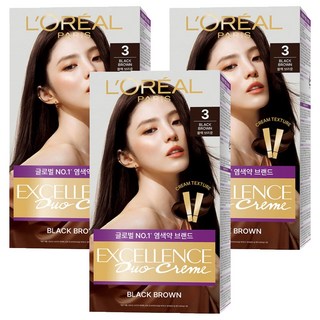 로레알파리 엑셀랑스 듀오크림 염모제, 3호 블랙 브라운, 3개