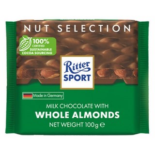 Ritter Sport 杏仁果牛奶巧克力片, 100g, 1包