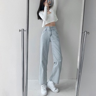 女款 多碼復古高腰三排釦顯瘦直筒丹寧寬褲, L, 淺藍