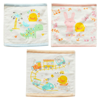 PiYOPiYO 黃色小鴨 雙層紗布印圖方巾 3入 100%棉, 淺藍 + 淺粉 + 淺黃, 25 x 25cm