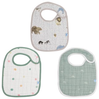 little unicorn 純棉圍兜3件組, 動物派對 米色 + 綠色, 3件, 1組